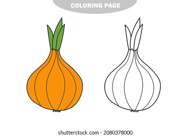Página de coloreado simple. Onion - arte en línea. Libro de colorear para niños. Verduras. Versión en color y en blanco y negro