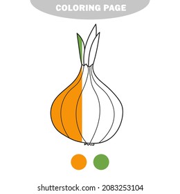 Página de coloreado simple. Onion - arte en línea. Libro de colorear para niños. Verduras. Imagen semipintada con muestras de color