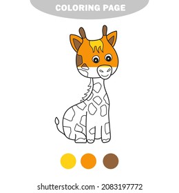 Simple coloring page. Outline clip art to color - giraffe. Black and white image. Half painted picture with color samples