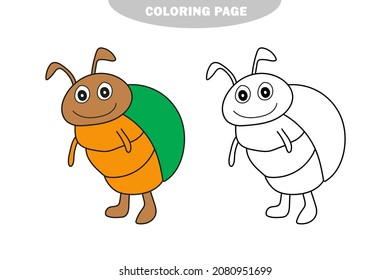 Simple coloring page. Outlined beetle. Vector line art illustration coloring page on white. Color and black and white version