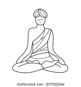 Simple coloring page. Coloring picture of cartoon yogi man meditating in a yoga pose. Kids activity