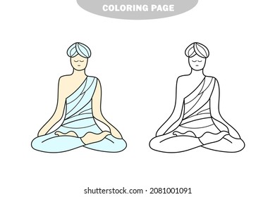 Simple coloring page. Coloring picture of cartoon yogi man meditating in a yoga pose. Kids activity. Color and black and white version