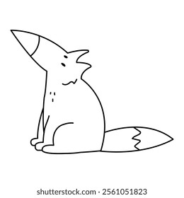 A simple coloring page with a sitting fox. A black and white illustration of a curious animal.