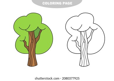 Página de coloreado simple. Árbol de verano a colorear. Libro de colorear para educar a los niños de preescolar. Versión en color y en blanco y negro