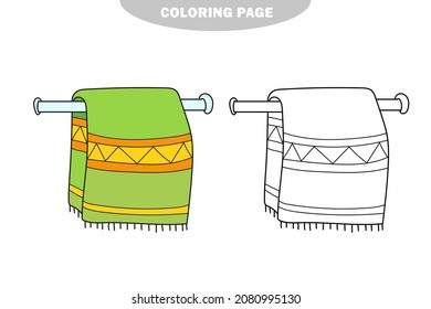Simple coloring page. Towel, hanging on a towel holder coloring book page. Hand drawn vector - sketch illustration. Color and black and white version