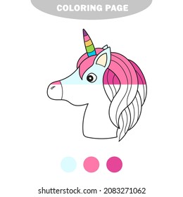 Simple coloring page. Unicorn. Magical animal. Vector artwork. Black and white. Coloring book pages for kids. Half painted picture with color samples