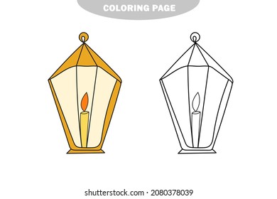 Simple coloring page. Vector holiday festive lantern with candle. Holiday coloring page. Color and black and white version