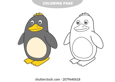 Simple coloring page. Vector illustration of Penguin cartoon - Coloring book for kids. Color and black and white version