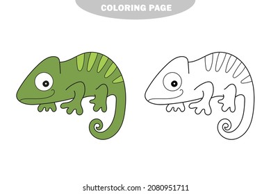 Simple coloring page. Vector illustration of chameleon for coloring book. Simple educational game for kids. Color and black and white version