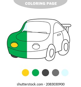 Simple Coloring Page. Vector Illustration Of Cartoon Car - Coloring Book For Kids. Half Painted Picture With Color Samples