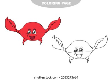 Simple coloring page. Vector illustration of Cartoon crab - Coloring book on white. Color and black and white version