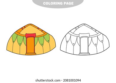 Simple coloring page. Yurt of nomads. Coloring book page for children. Black outline isolated on white. Color and black and white version