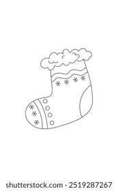 Coloración simple, calcetín, Navidades de año nuevo en blanco y negro, dibujo de líneas sobre fondo blanco.