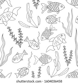 Simple colorless fish and seaweed. Transparent seamless marine pattern. Vector graphics.