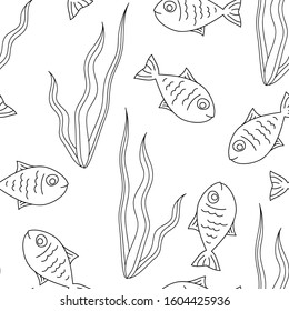 Simple colorless fishes swimming among water plants. Transparent seamless pattern. Coloring page. Vector graphics.