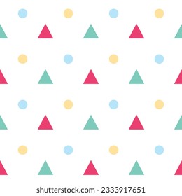 Simple colourful geometric Christmas flat design pattern with minimalist triangle and dot shape style ornamentation. Repeatable tessellation retro vintage backdrop texture isolated on white background