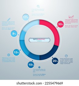 Simple colourful pie chart, timeline, graph, diagram. Red and blue bars. Infographic elements. Vector illustration.