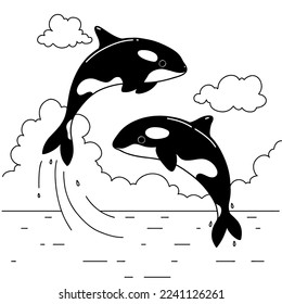 Simple colouring page for children, marine scene with a jumping killer whale. Minimalist design for coloring books and fun for kids. Ready to print.