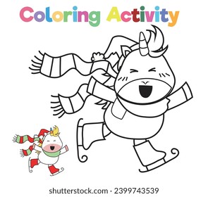 Simple colouring page for kids with Christmas unicorn, a cute unicorn doing an ice skating. Coloring activity for children. Coloring page. Coloring book pages for adults and kids. 