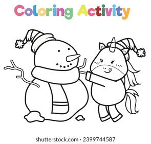 Simple colouring page for kids with Christmas unicorn, a cute unicorn making a snowman. Coloring activity for children. Coloring page. Coloring book pages for adults and kids. 