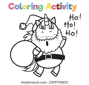 Simple colouring page for kids with Christmas unicorn, a cute unicorn santa claus. Coloring activity for children. Coloring page. Coloring book pages for adults and kids. 