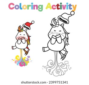 Simple colouring page for kids with Christmas unicorn, a cute unicorn happily jumping. Coloring activity for children. Coloring page. Coloring book pages for adults and kids. 