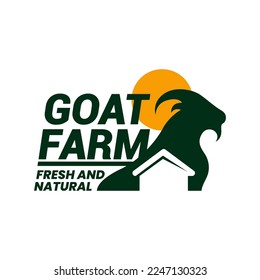 simple combination silhouette of sheep lamb goat head horns with house home icon symbol character with sun sunrise sunset background suitable for dairy milk farm, goat farm or restaurant logo design