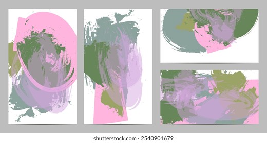 Simple comfortable paint brush soothing pastel muted pale calm tones card templates set. Collection of romantic invitations