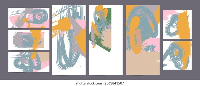 Simple comfortable paint brush soothing pastel muted pale calm tones card templates set. Collection of romantic invitations