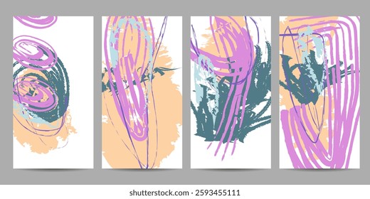 Simple comfortable paint brush soothing pastel muted pale calm tones card templates set. Collection of romantic invitations