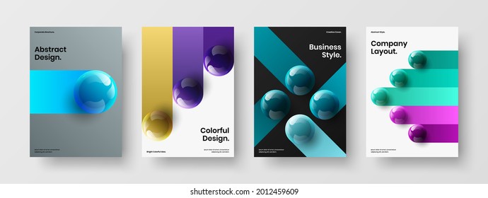 Simple company brochure A4 design vector layout collection. Minimalistic realistic balls magazine cover illustration composition.