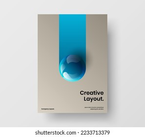 Simple company brochure A4 design vector layout. Bright 3D spheres annual report template.