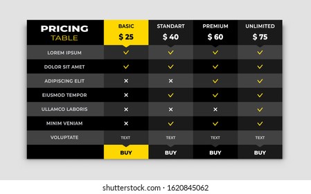 Simple comparison pricing chart table list. Vector comparing price banner product, unlimited menu planning services cost table with discount box, column, tariff infographic template