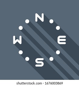 Simple compass, four direction, outline design. White flat icon with long shadow on blue background