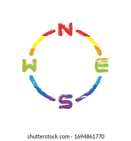 Simple compass, four direction, outline design. Drawing sign with LGBT style, seven colors of rainbow (red, orange, yellow, green, blue, indigo, violet