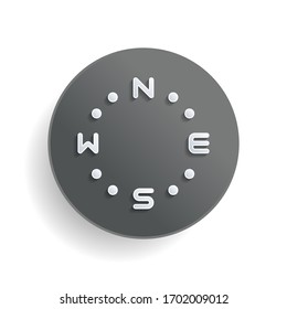 Simple compass, four direction, outline design. White paper symbol on gray round button or badge with shadow