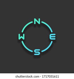 Simple compass, four direction, outline design. Colorful logo concept with soft shadow on dark background. Icon color of azure ocean