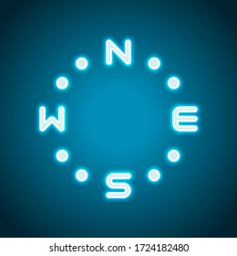 Simple compass, four direction, outline design. Neon style. Light decoration icon. Bright electric symbol