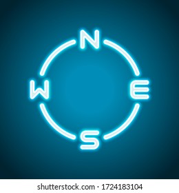 Simple compass, four direction, outline design. Neon style. Light decoration icon. Bright electric symbol