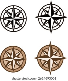 A simple compass in four variations of black and brown. It can be used in various situations such as navigation, maps, and travel.