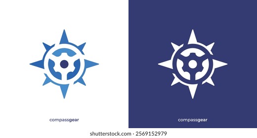 Simple Compass Gear Logo. Compass and Gear Icon Graphic. Gear Compass Logo Design Template.