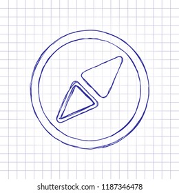 Simple compass icon. Hand drawn picture on paper sheet. Blue ink, outline sketch style. Doodle on checkered background