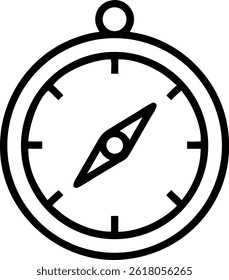 A simple compass is shown with a circular frame, needle and a small loop for carrying and navigation.