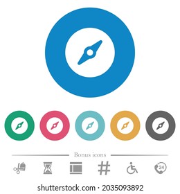 Simple compass solid flat white icons on round color backgrounds. 6 bonus icons included.