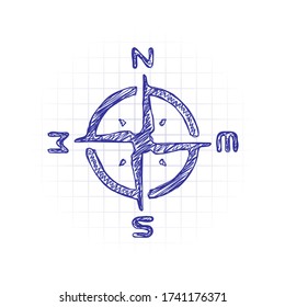 Simple compass or wind rose. Hand drawn sketched picture with scribble fill. Blue ink. Doodle on white background