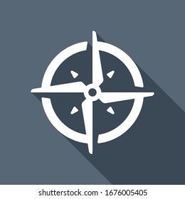 Simple compass or wind rose. White flat icon with long shadow on blue background