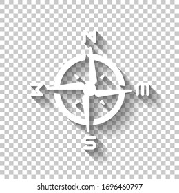Simple compass or wind rose. White icon with shadow on transparent background