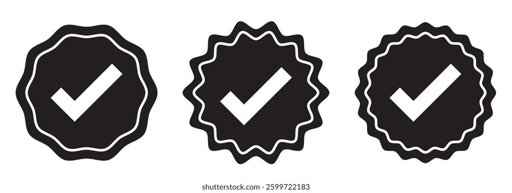 Simple complete and correct icons in flat style featuring black tick marks and checkmarks symbolizing success, approval, and confirmation. 