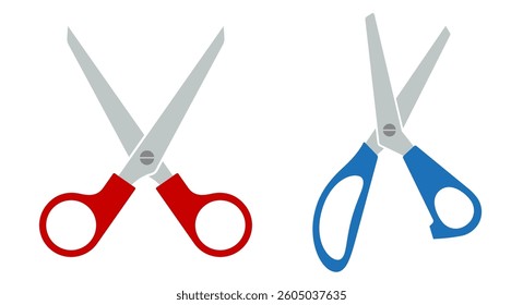 Simple and complex asymmetrical open straight scissors, red and blue. Two pairs of scissors. Flat vector illustration isolated on white background.