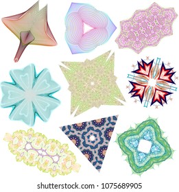 Simple and complex set of guilloche art forms with tightly woven mesh layers and blended colors.